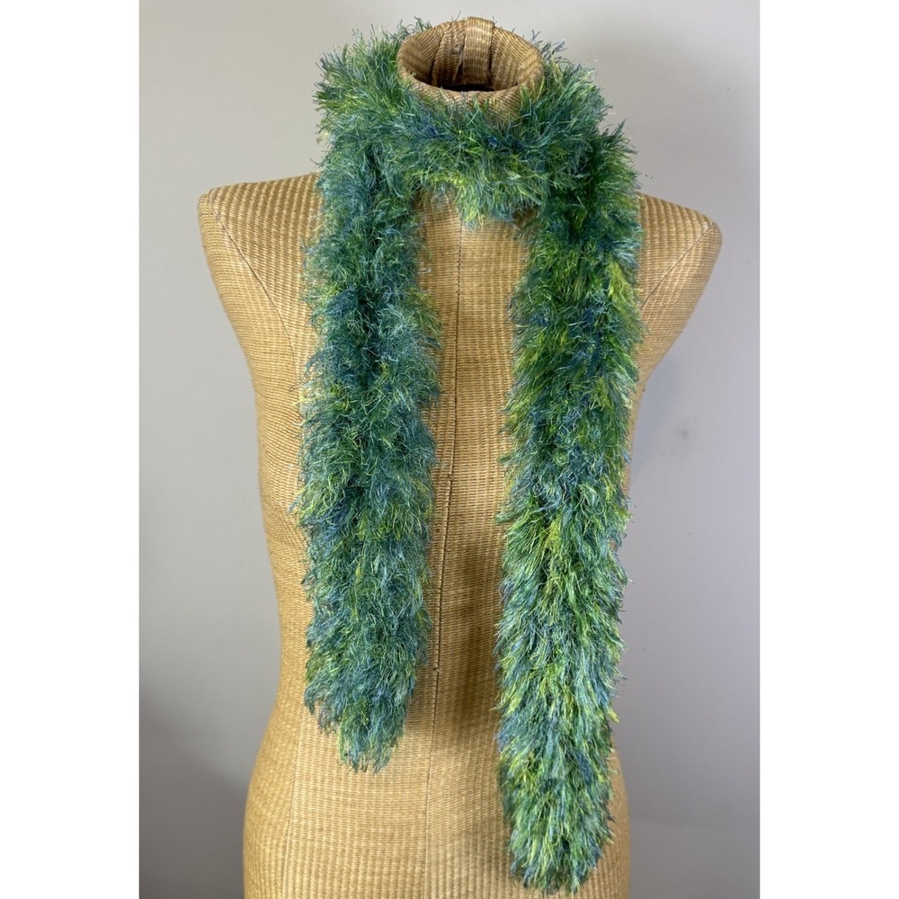 Vtg Y2K Fuzzy Fluffy Eyelash Knit Tube Scarf Blue Teal Lime Green Goth Fairy